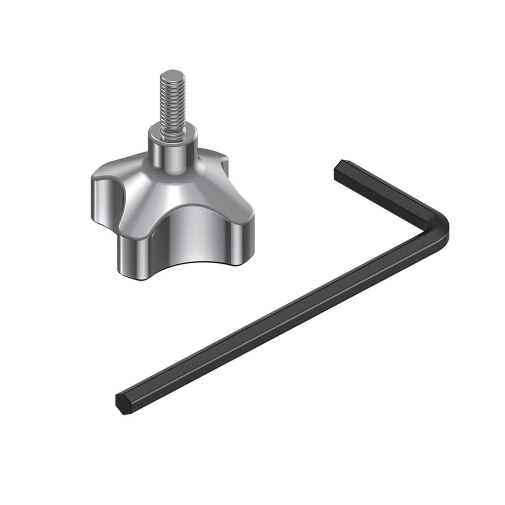 1595338420_848 SmallRig 2844 Top Handle Special Screw for Sony FX9/FS7 & FS7 MK2, metallinen tähtimäinen nuppi, jossa on kierteitetty pultti, on kuvassa mustan L-kirjaimen muotoisen kuusiokoloavaimen vieressä valkoisella pohjalla.