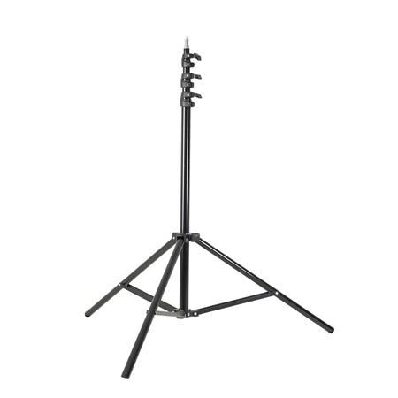 Godox 300F Light Stand on musta, säädettävä kolmijalkainen kolmijalkainen jalusta, jossa on kolme ulospäin suuntautuvaa jalkaa ja teleskooppinen keskipylväs ja joka on suunniteltu valaisulaitteiden tukemiseen valokuvauksessa tai videokuvauksessa.