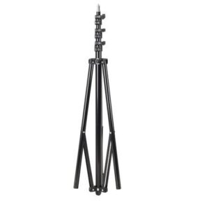 1596807104_260 The Godox 300F Light Stand is a black, adjustable tripod with three extended legs and several locking parts, designed to support cameras, lights or other equipment.