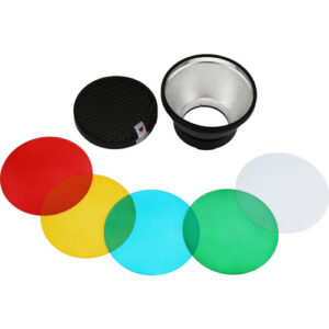 1606134106_548 The Godox AD-R14 Standard Reflector and color gels set for AD300Pro includes a honeycomb grid, a silver reflector and five color gels (red, yellow, blue, green, white), all displayed in a row on a white background.