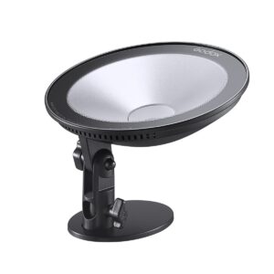 1609842607_439 Mustan ja hopeanvärinen Godox CL10 Ambient LED -valaisin, jossa on kaareva, pyöreä muotoilu, on asennettu säädettävään jalustaan valkoista taustaa vasten.