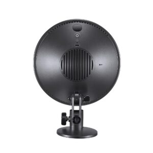 1609842608_183 Godox CL10 Ambient LED Light -valaisimen, pyöreän mustan pöytälaitteen takakuva jalustalla, jossa näkyy sen pyöreä ritilä, virtanappi ja portit valkoista taustaa vasten kuvattuna.
