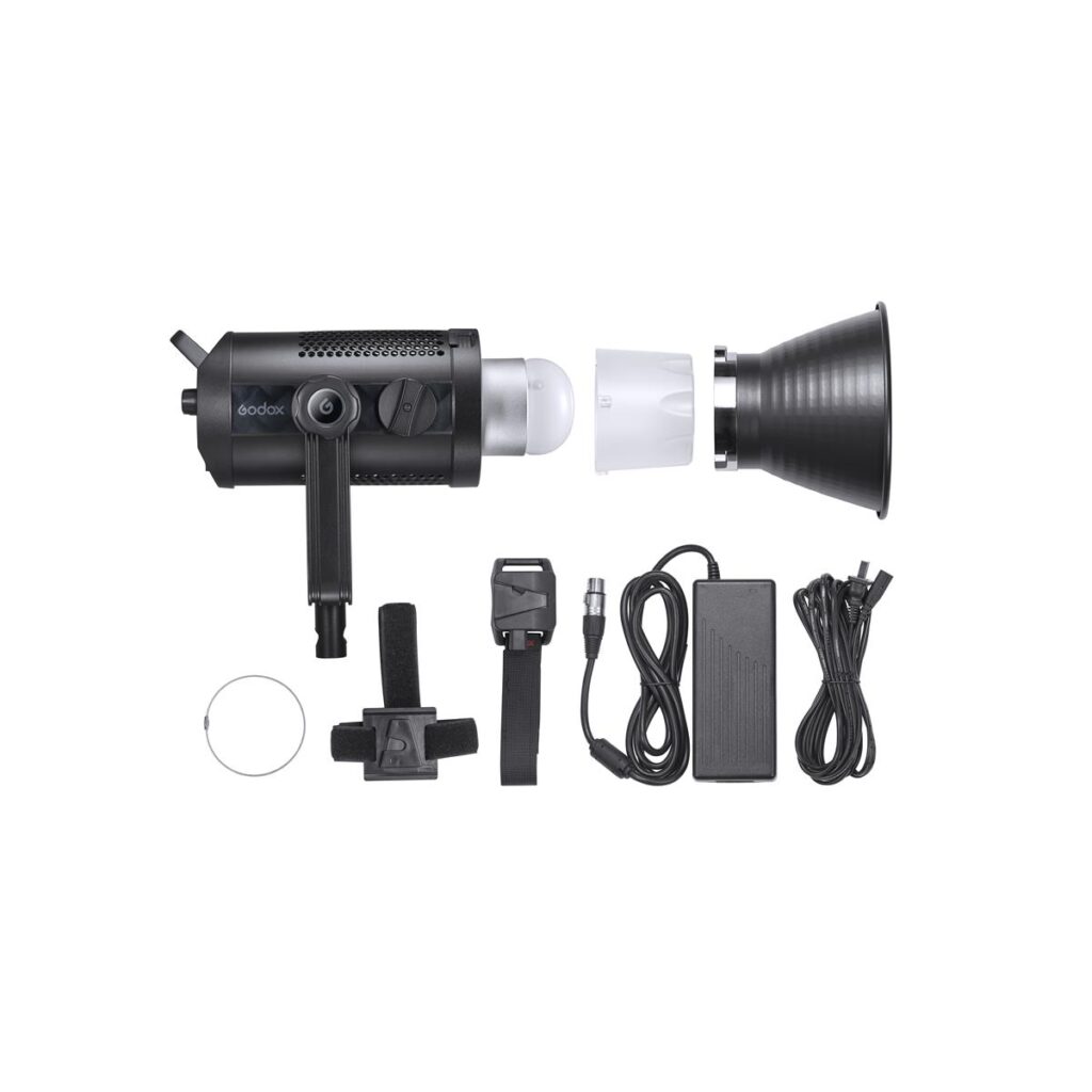 1611305677_403 Godox SZ200Bi Zoomable Bi Color LED Video Light -valaisin on esitetty purettuna hupun, diffuusorin, kahvan, virtalähteen, johdon, salamalaukaisimen, hihnan ja kiinnitysrenkaan kanssa valkoisella pohjalla.