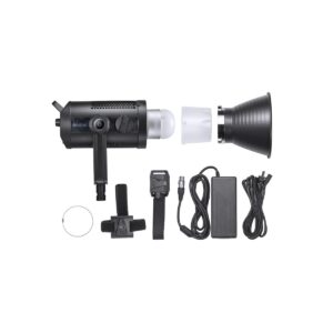 1611305677_403 Godox SZ200Bi Zoomable Bi Color LED Video Light -valaisin on esitetty purettuna hupun, diffuusorin, kahvan, virtalähteen, johdon, salamalaukaisimen, hihnan ja kiinnitysrenkaan kanssa valkoisella pohjalla.
