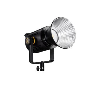 1612169487_181 Godox UL60 Silent video light -LED-valo, musta LED-studiovalo, jossa on heijastin ja keltainen korostus, on asennettu säädettävään kiinnikkeeseen ja eristetty valkoiselle taustalle.