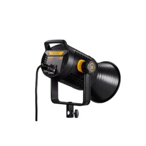 1612169488_104 Mustakeltainen Godox UL60 Silent -LED-valo -videovalaisin Godox UL60 Silent -LED-valo näkyy takaa, kun sen virtajohto on kytketty, säätönuppi on näkyvissä ja navettaluukun kiinnitys on asennettu.