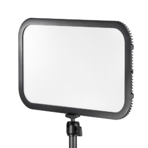 1612784139_046 The Godox E-sports LED Light ES45 Kit features a rectangular LED panel with a black bezel mounted on a black adjustable stand against a white background.