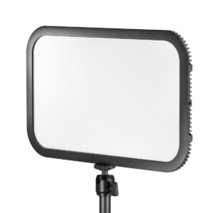 1612784139_046 The Godox E-sports LED Light ES45 Kit features a rectangular LED panel with a black bezel mounted on a black adjustable stand against a white background.