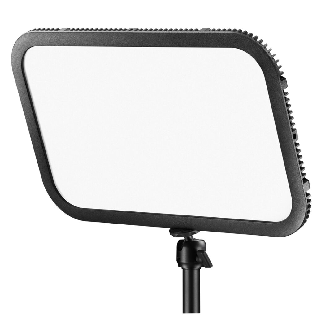 1612784140_023 The Godox E-sports LED Light ES45 Kit features a rectangular LED panel with a black bezel mounted on a black adjustable stand against a white background.