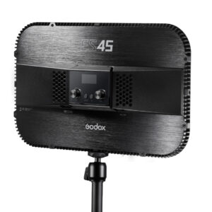 1612784140_877 The black Godox E-sports LED Light ES45 Kit is displayed from the rear on a stand with control knobs, a small screen and ventilation grilles, all in a sleek, modern design.
