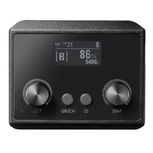 1612784141_024 The Godox E-sports LED Light ES45 Kit features a black electronic control panel with CCT and DIM controls, two central circular buttons and a display showing channel, brightness percentage and colour temperature settings.