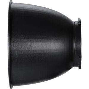 1617361594_465 Godox Reflector Disc Video Light ML60 RFT-22 on musta metallinen heijastinkaukalo, jossa on leveä, levenevä aukko ja kapeampi kiinnityspää, kuvattuna sivulta valkoista taustaa vasten.