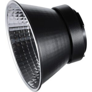 1617361769_444 Godox Focus Reflector Disc Video Light ML60 RFT-23 on musta, kartiomainen heijastin, jossa on kuvioitu hopeinen sisäpuoli ja leveä aukko, joka on suunniteltu asennettavaksi valokuvaus- tai videovaloihin.