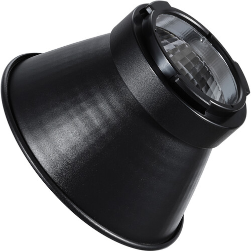 1617361770_922 Godox Focus Reflector Disc Video Light ML60 RFT-23 on musta, kartiomainen heijastin, jossa on hopeinen sisäpuoli ja kiinnitysominaisuus, kuvassa hieman sivukulmasta.
