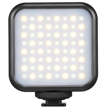 1619619734_330 Godox Litemons LED Light (Bi Color) LED6Bi on kompakti, neliönmuotoinen LED-paneeli mustalla kehyksellä, jossa on rivejä valkoisia ja keltaisia LED-valoja ja kiinnityskannatin pohjassa.