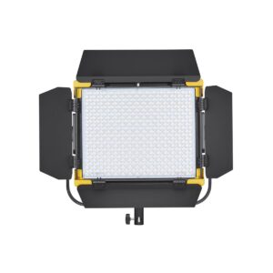 1620217095_403 Godox LED LD75R on suorakulmainen studiovalaisin, jossa on keltainen runko ja mustat säädettävät lato-ovet kummallakin puolella, kuvassa edestä valkoista taustaa vasten.