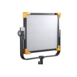 1620217218_133 Godox LED LD150RS, suorakulmainen paneelivalaisin, jossa on musta runko, keltaiset kulmasuojat ja U-muotoinen kiinnike, näkyy valkoista taustaa vasten.