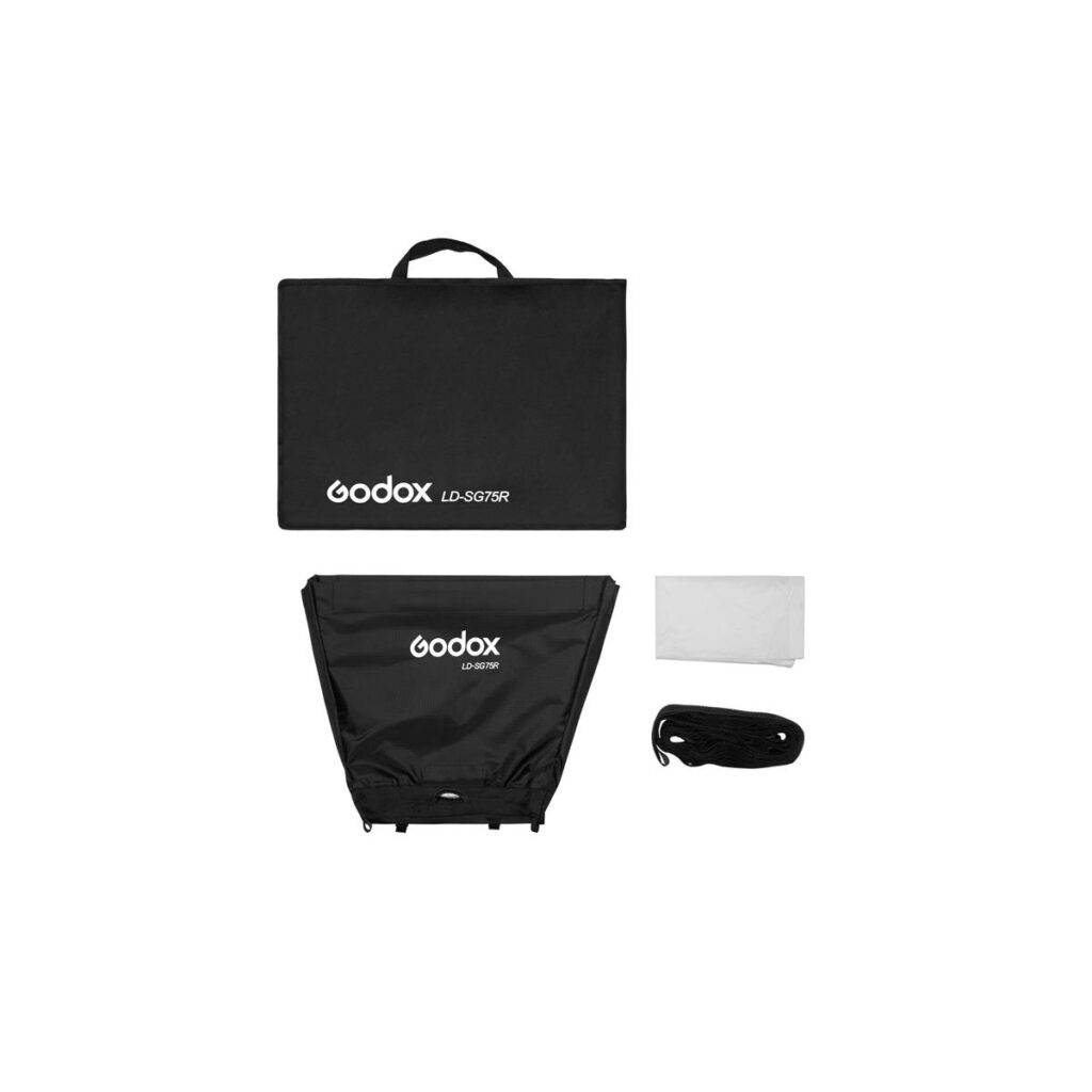 1621495773_073 Godox LD75R Softbox -sarja on esitetty valkoisella taustalla mustan kantolaukun, taitetun softboxin, valkoisen diffuusorin ja mustan virtajohdon kanssa.