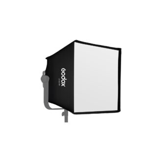 1621495773_919 Godox LD75R Softbox on suorakulmainen valonmuokkain, jossa on valkoinen etupaneeli ja mustat sivut ja joka on asennettu jalustalle ammattimaiseen valokuvaukseen ja videokuvaukseen.