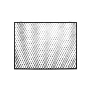 Godox LD150RS Honey Comb on suorakulmainen musta metalliverkkopaneeli, jossa on hunajakennotyylinen ruudukkokuvio valkoista taustaa vasten.