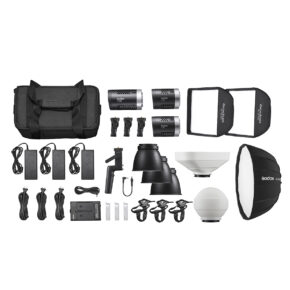 1633008497_963 Godox ML KIT1 ML60 & ML30 Trio Kit - LED light includes three strobe lights, softboxes, reflectors, stands, cables, remote control, charger, accessories and a large black carrying case - all neatly displayed on a white background.