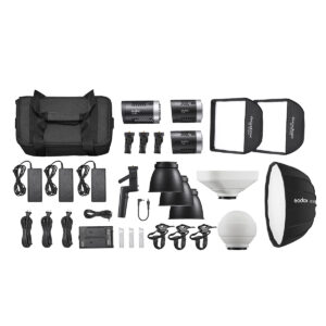 1633008497_963 Godox ML KIT1 ML60 & ML30 Trio Kit - LED-valo sisältää kolme stroboskooppivaloa, softboxit, heijastimet, jalustat, kaapelit, kaukolaukaisimen, laturin, tarvikkeet ja suuren mustan kantolaukun - kaikki siististi esillä valkoisella pohjalla.