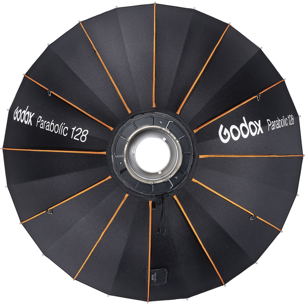 Mustan Godox Parabolic Reflector Zoom Box P128Kit -paraboliheijastimen ylhäältä alaspäin näkymä, jossa on oranssit tukitangot ja jonka pinnassa on selvästi näkyvissä tuotemerkki ja malli.
