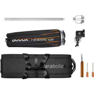Godox Parabolic Reflector Zoom Box P128Kit on esitetty purettuna, ja siinä on taitettu musta ja oranssi sateenvarjo, metallitangot, kiinnitystarvikkeet, ruuvimeisselityökalut ja merkitty musta kantolaukku.