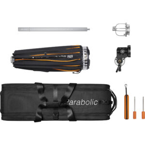 Godox Parabolic Reflector Zoom Box P88Kit sisältää taitetun mustan sateenvarjon, kantolaukun, metallitangon, kiinnityssovittimen, säädettävän kiinnikkeen, kaksi ruuvimeisseliä ja pienen työkalun, jossa on oranssi kahva.