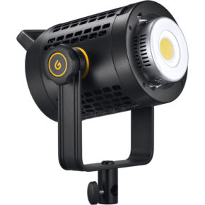1642768750_781 Godox UL60Bi Silent LED Video Light -valaisimessa on pyöreä lamppu, musta ja keltainen muotoilu, säädettävä kiinnitysteline ja tuuletettu kotelo, kuvattuna kuvakulmasta.