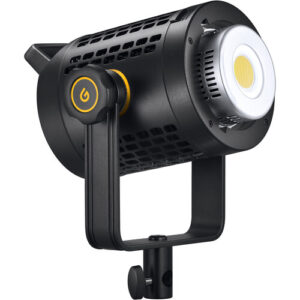1642768750_781 Godox UL60Bi Silent LED Video Light -valaisimessa on pyöreä lamppu, musta ja keltainen muotoilu, säädettävä kiinnitysteline ja tuuletettu kotelo, kuvattuna kuvakulmasta.