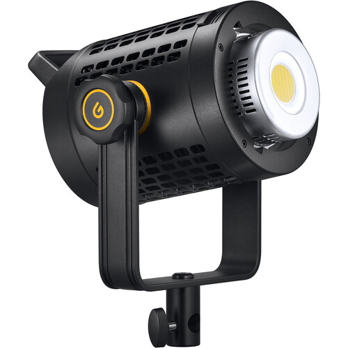 1642768750_781 Godox UL60Bi Silent LED Video Light -valaisimessa on pyöreä lamppu, musta ja keltainen muotoilu, säädettävä kiinnitysteline ja tuuletettu kotelo, kuvattuna kuvakulmasta.