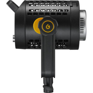 1642770392_159 Sivukuva Godox UL60Bi Silent LED Video Light -LED-valo -valaisimesta, jossa on musta sylinterimäinen runko, keltaiset korostukset, suuri virtanuppi, tuuletusaukot ja säädettävä kiinnitysteline.