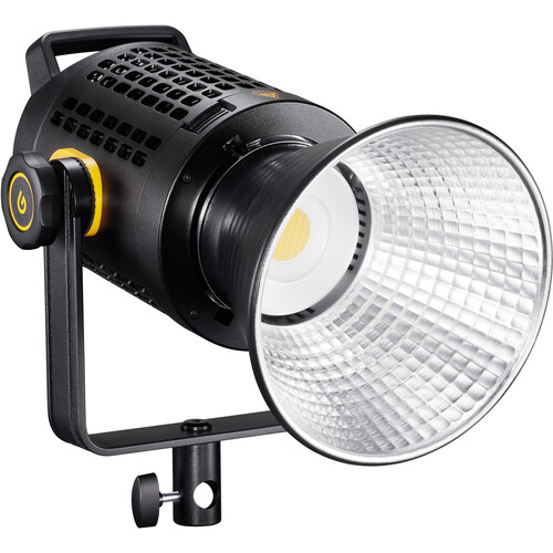 1642770393_175 Godox UL60Bi Silent LED Video Light -valaisimessa on musta ja hopeinen muotoilu, suuri heijastava lautasenmuotoinen diffuusori, tukeva kiinnitysteline, sivuvirtapainike ja tuuletettu runko jäähdytystä varten käytön aikana.