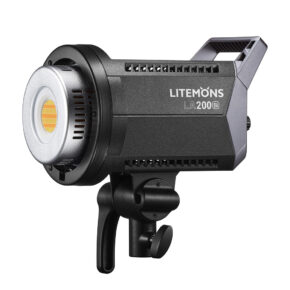 1645166943_686 Godox Litemons LED-videovalaisin LA200Bi on musta studio-LED-valaisin, jossa on suuri pyöreä valo, tuuletusaukot, kantokahva ja kiinnitysteline, kuvassa valkoisella pohjalla.