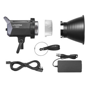 1645167612_680 The Godox Litemons LED Video Light LA150Bi LED light kit contains a lamp, power supply, reflector, bright diffuser, bracket, strap and power cords neatly arranged on a white background.
