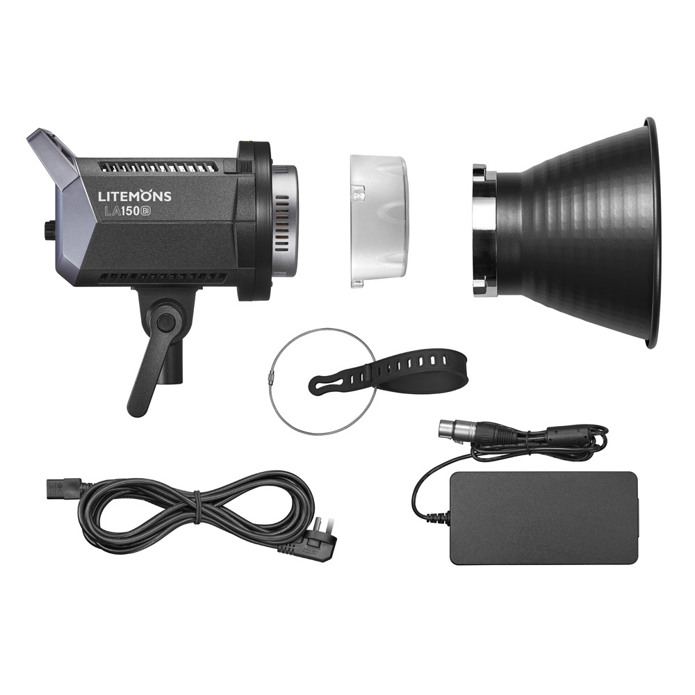 1645167612_680 The Godox Litemons LED Video Light LA150Bi LED light kit contains a lamp, power supply, reflector, bright diffuser, bracket, strap and power cords neatly arranged on a white background.
