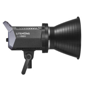 1645167613_658 Side view of the Godox Litemons LED video light LA150Bi LED light with black body, mounting bracket and large reflector.