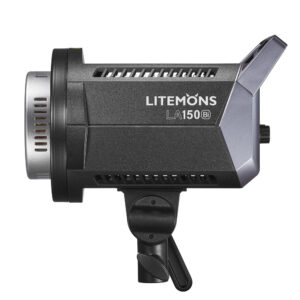 1645167613_859 Black and silver Godox Litemons LED video light LA150Bi - LED light with adjustable mounting, from the side against a white background.