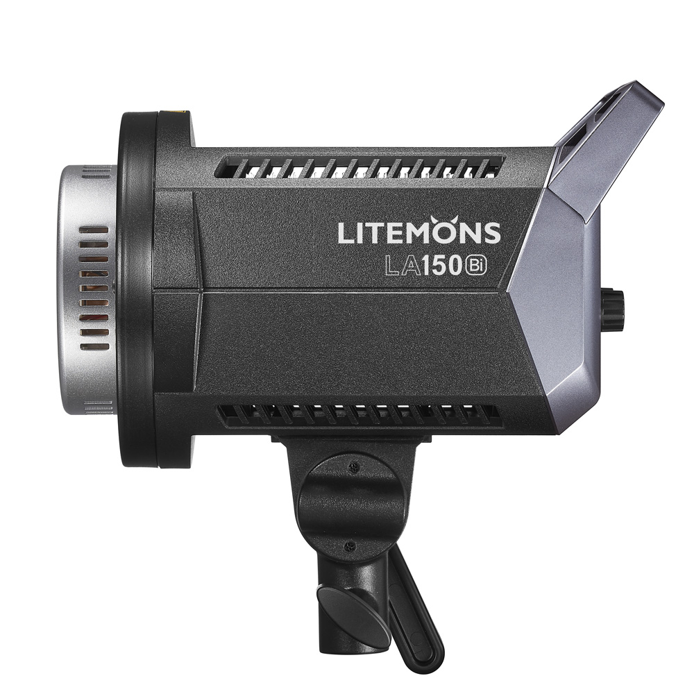 1645167613_859 Black and silver Godox Litemons LED video light LA150Bi - LED light with adjustable mounting, from the side against a white background.