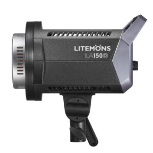1645167887_509 Mustan ja hopeanvärinen Godox Litemons LED-videovalaisin LA150D -LED-valo näkyy profiilissa, ja siinä on tuuletusaukot, kiinnityskannatin ja tuotenimi sivulla.