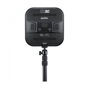 1661503757_444 Godox E-sports LED Light ES30 - Kit1 -valaisimen takanäkymä jalustalle asennettuna, jossa näkyvät tuuletusaukot, säätönupit, näyttö ja Godox ES30 -brändi.