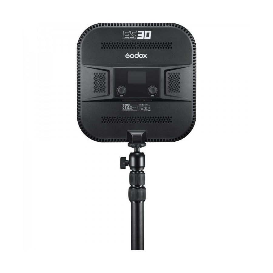 1661503757_444 Godox E-sports LED Light ES30 - Kit1 -valaisimen takanäkymä jalustalle asennettuna, jossa näkyvät tuuletusaukot, säätönupit, näyttö ja Godox ES30 -brändi.
