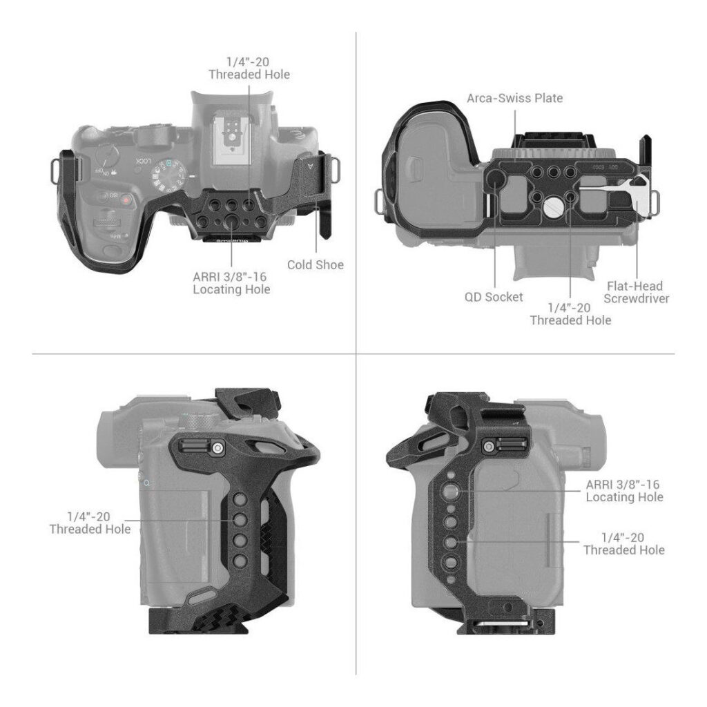 1663338398_238 SmallRig 4003 Black Mamba Cage for Canon EOS R7 on esitetty neljästä kulmasta, ja siinä korostetaan ominaisuuksia, kuten kiinnitysreikiä, kylmäkenkää, ARRI-paikannusreikiä, Arca-Swiss-levyä, QD-liitäntää ja litteäpäätyistä ruuvimeisseliä.