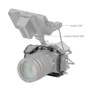 1663338403_289 SmallRig 4003 Black Mamba Cage for Canon EOS R7, kuvassa kiinnitetty kahva 3786 ja monitorikiinnike 2093, kukin lisävaruste merkitty viivoilla, jotka osoittavat vastaavaan osaan.