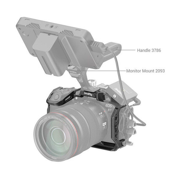 1663338403_289 SmallRig 4003 Black Mamba Cage for Canon EOS R7, kuvassa kiinnitetty kahva 3786 ja monitorikiinnike 2093, kukin lisävaruste merkitty viivoilla, jotka osoittavat vastaavaan osaan.