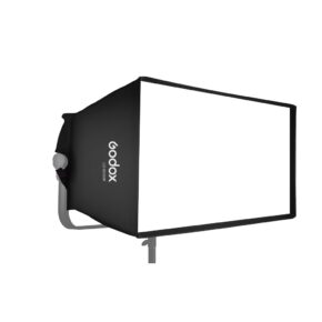 1663766123_825 Godox LD150R Softbox on suorakulmainen LED-valaisin, jossa on musta runko ja valkoinen diffuusoripaneeli, joka on asennettu jalustalle ja joka on suunniteltu ammattimaiseen valokuvaukseen ja videokuvaukseen.