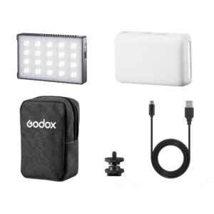 1668085475_400 Godox C5R Mobile RGB LED -valaisinsarja sisältää LED-paneelin, valkoisen diffuusorin, mustan kantolaukun, kiinnitysruuvin ja USB-C-latauskaapelin, jotka kaikki näkyvät valkoisella pohjalla.