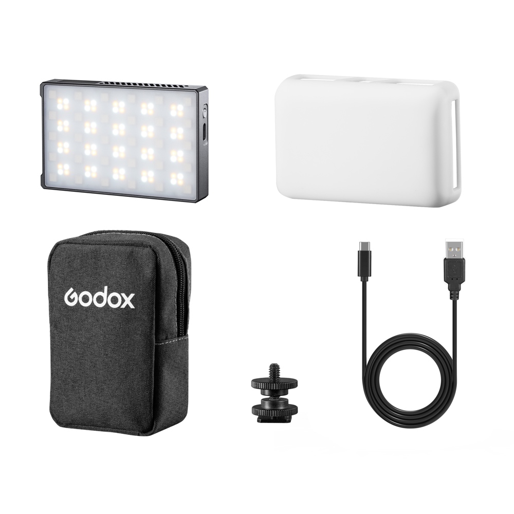 1668085475_400 Godox C5R Mobile RGB LED -valaisinsarja sisältää LED-paneelin, valkoisen diffuusorin, mustan kantolaukun, kiinnitysruuvin ja USB-C-latauskaapelin, jotka kaikki näkyvät valkoisella pohjalla.