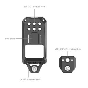 1668512792_221 SmallRig 3990 Top Plate Sony FX3 XLR -yksikölle on esitetty mustana metallina, ja siinä on kylmäkenkä, 1/4"-20-kierrereiät ja ARRI 3/8"-16-paikoitusreiät, joissa on useita kiinnityspisteitä eri kulmissa.